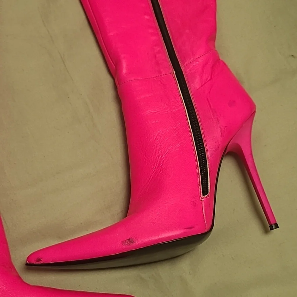 Over The Knee Hot Pink Genuine Leather Stiletto Boots 5-in Heel Read Description - Picture 11 of 17